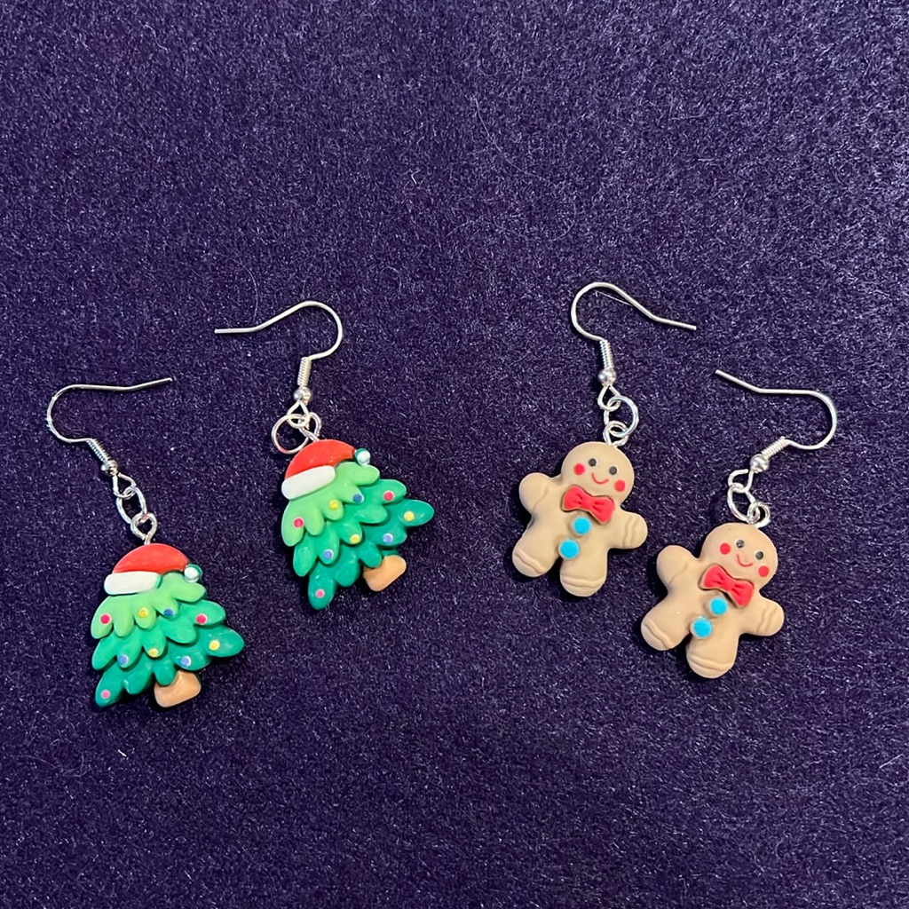 Christmas Pair Of Charm Earrings Tree And Gingerbread Men